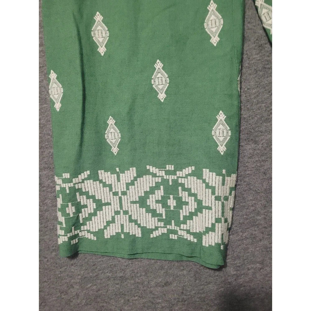 Zara Large pants linen embroidered geometric zip wide leg pockets green